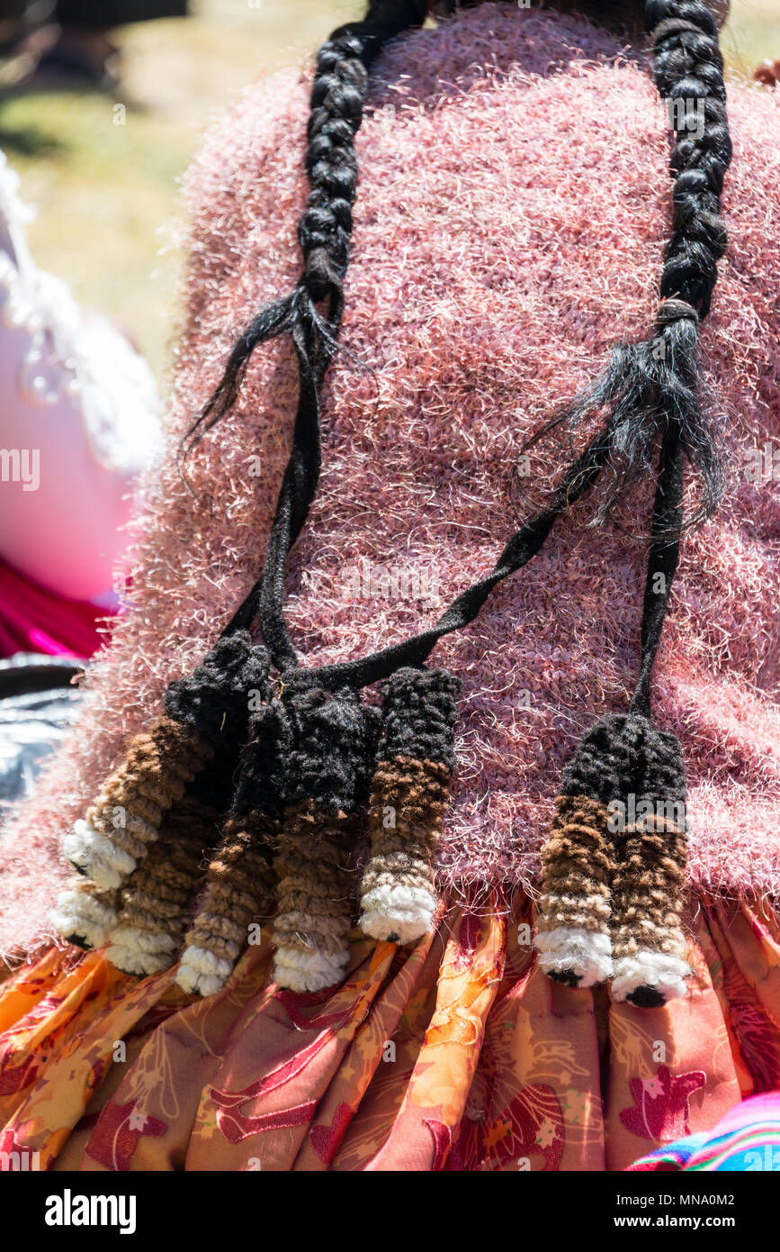Decorazione di una donna indigena di capelli su Isla del Sol, Bolivia Foto Stock