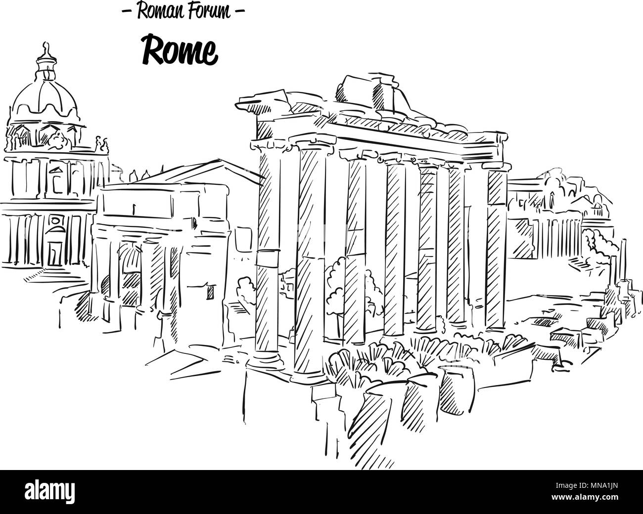 Roma Foro Romano schizzo famoso punto di riferimento disegnati a mano vettore illustrazione di contorno Illustrazione Vettoriale