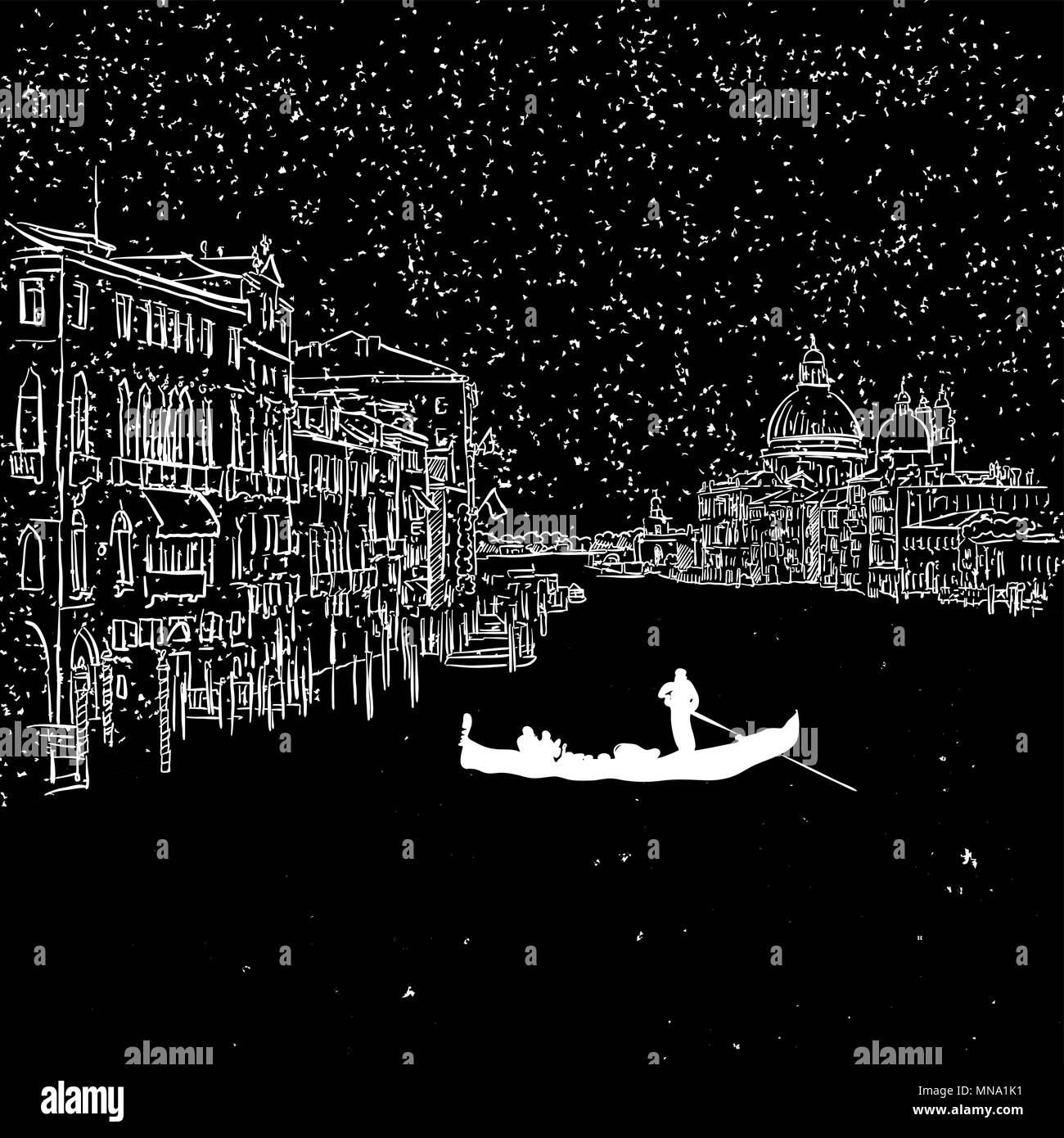Venezia di notte Canal Grande schizzo, disegnati a mano illustrazione vettoriale illustrazione di contorno Illustrazione Vettoriale