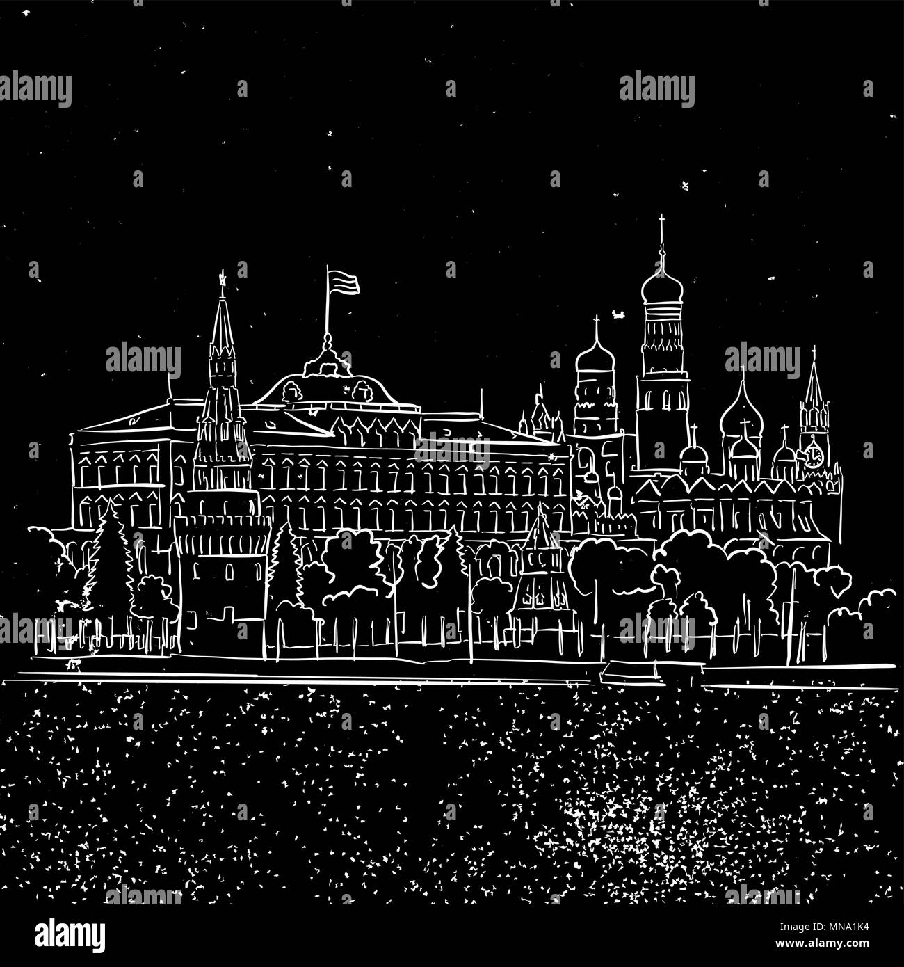 Mosca di notte il Cremlino e stelle Sketch, disegnati a mano illustrazione vettoriale illustrazione di contorno Illustrazione Vettoriale