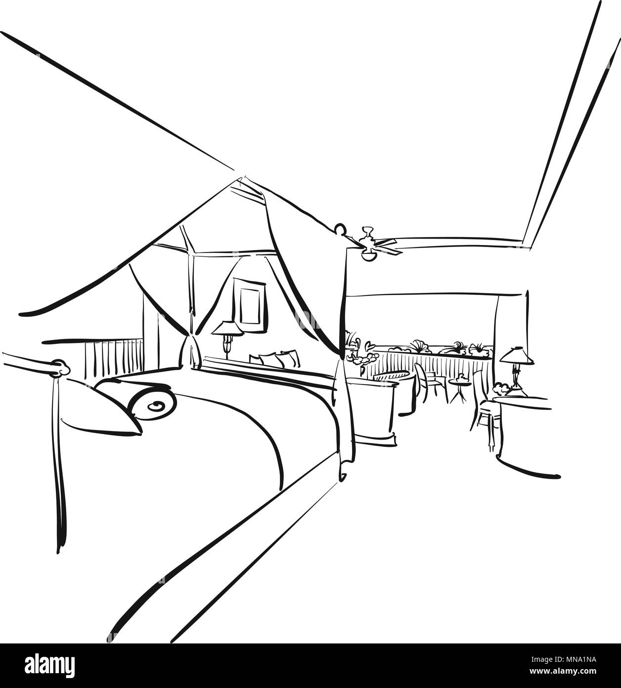 Abbozzate Hotel Interieur Camera con balcone, disegnati a mano oggetti grafici vettoriali Illustrazione Vettoriale
