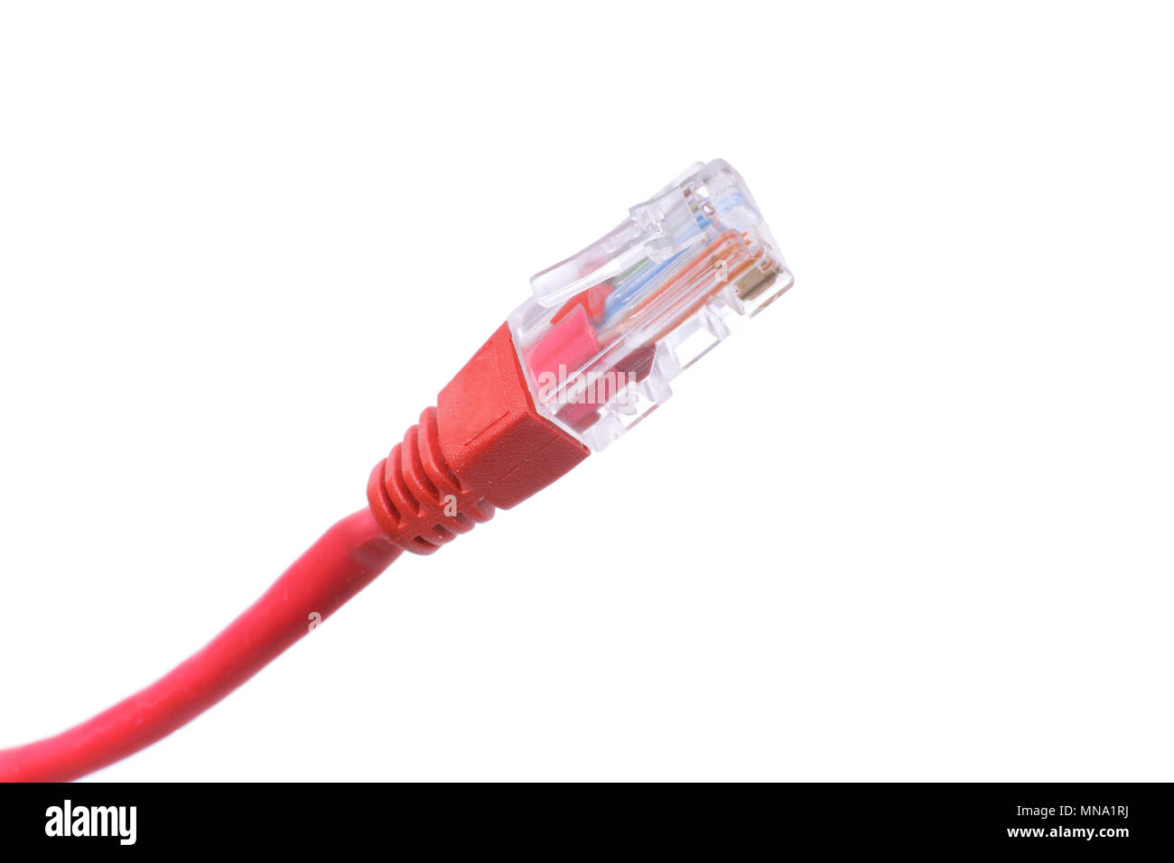 Rosso rete dati cavo patch Ethernet RJ 45 isolato su sfondo bianco Foto Stock