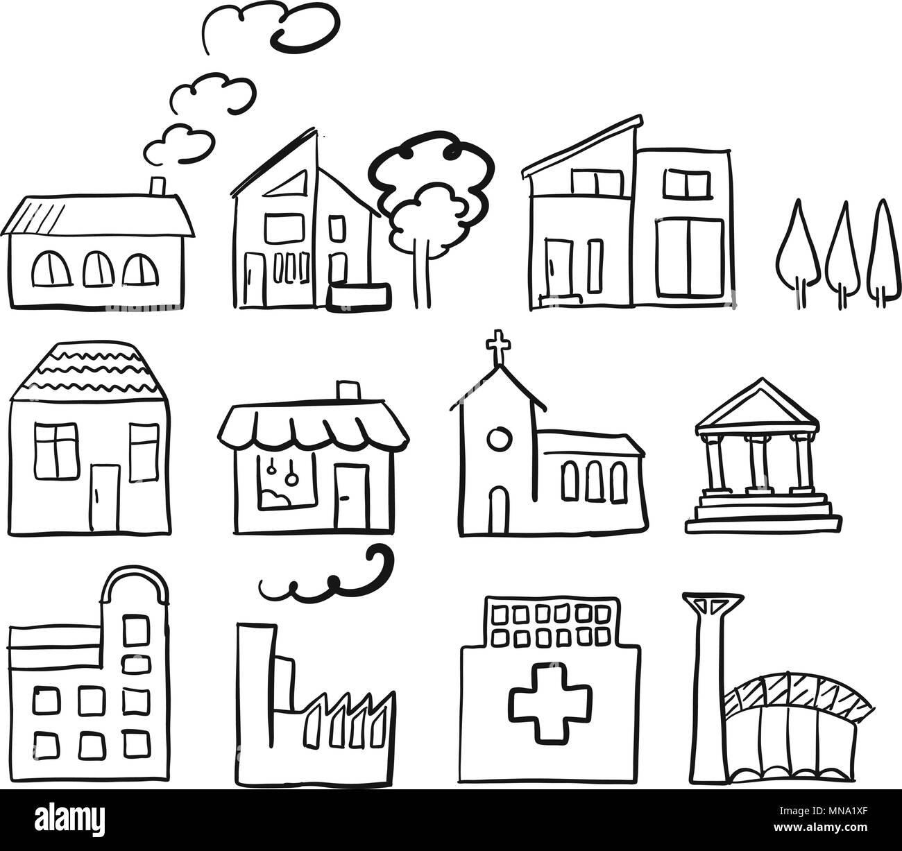 Vari tipi di casa, vettore rapido schizzo, disegnati a mano vector schizzo penna nera su sfondo bianco Illustrazione Vettoriale