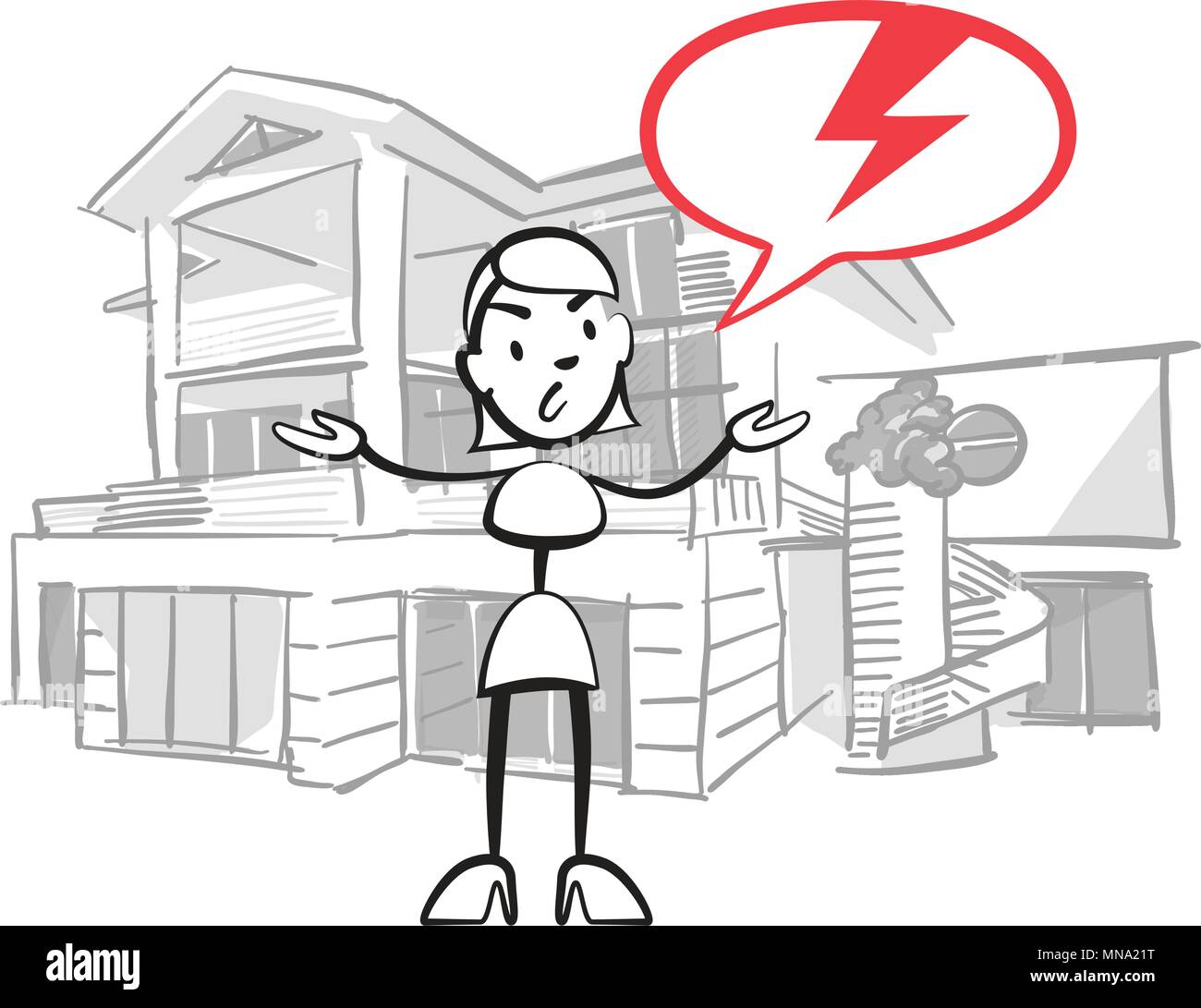 Stick la figura della donna di assicurazione casa caso, Stickman vettore di disegno su sfondo bianco Illustrazione Vettoriale