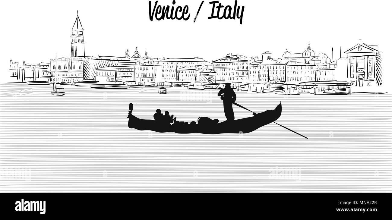 Venezia con Skyline Gondola, disegnato a mano disegno vettoriale, Silhouette di contorno Illustrazione Vettoriale