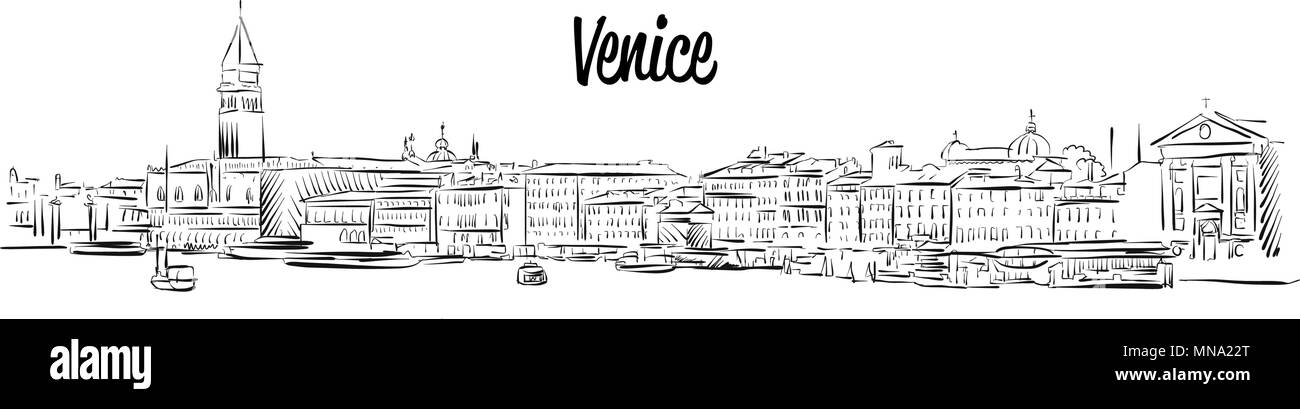 Lo skyline di Venezia, Italia, disegnato a mano disegno vettoriale, Silhouette di contorno Illustrazione Vettoriale