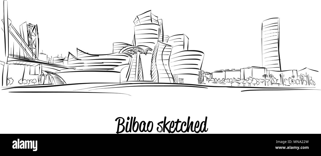 Lo Skyline di Bilbao, disegnato a mano illustrazioni vettoriali, modificabile file vettoriali Illustrazione Vettoriale