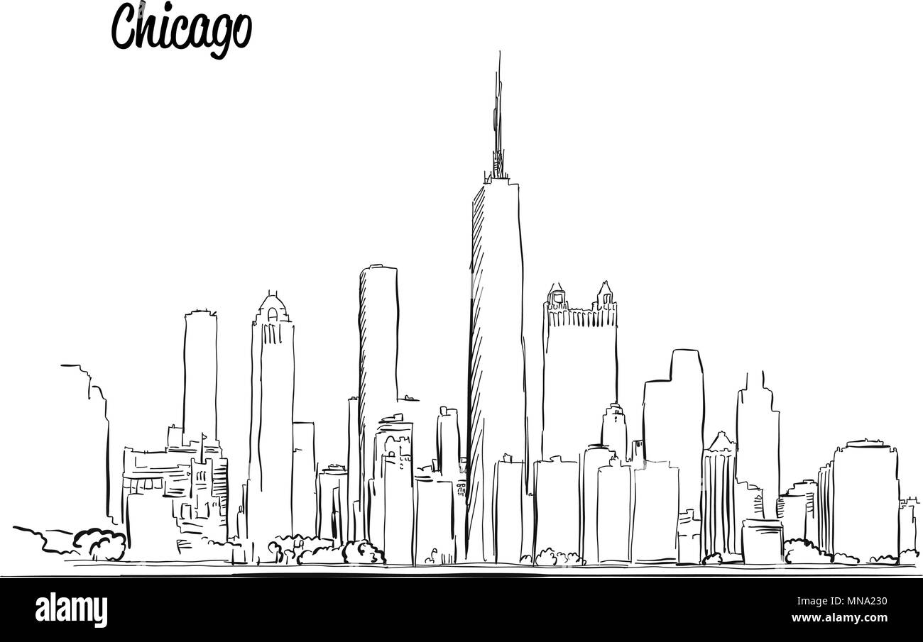 Sullo skyline di Chicago, disegnati a mano Silhouette, modificabile illustrazione vettoriale Illustrazione Vettoriale