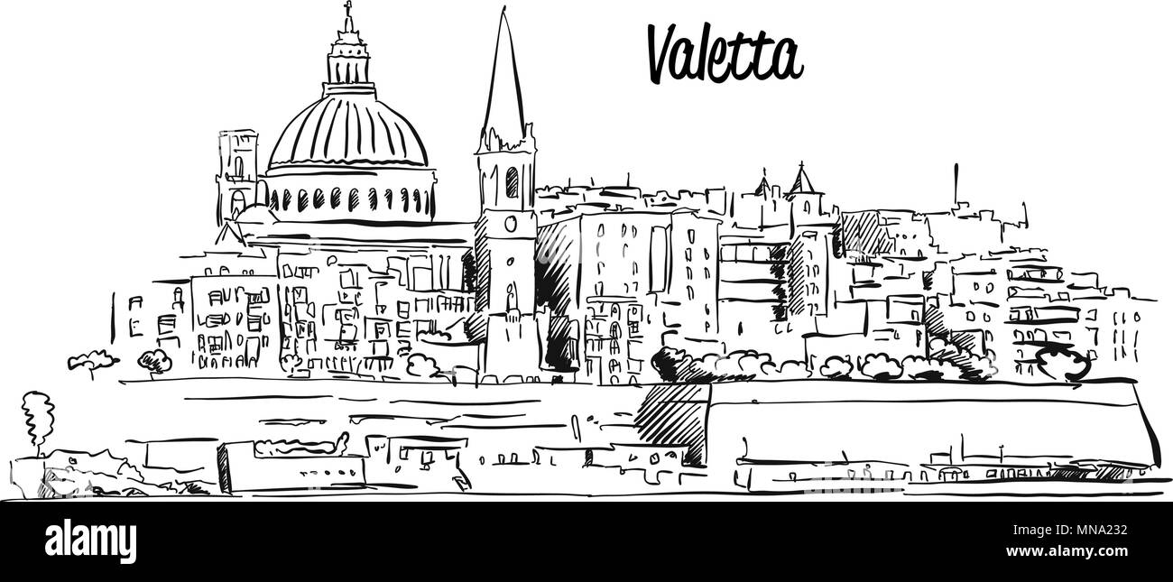 Valletta, Malta. Panorama Waterfront contorno disegno vettoriale. Famoso punto di riferimento Illustrazione Vettoriale