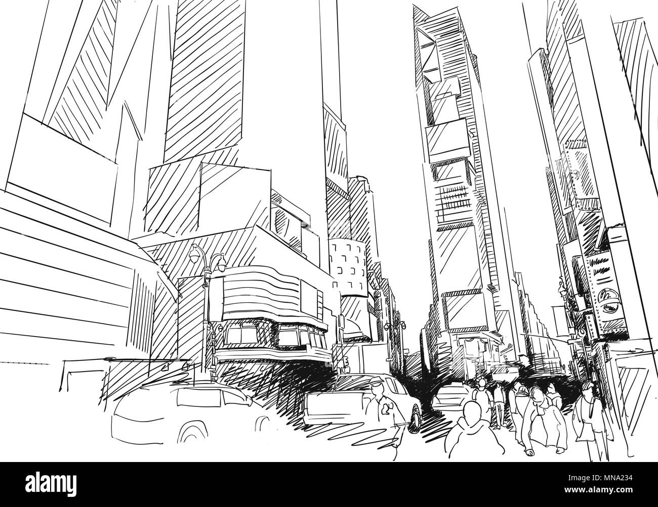 Time Square di New York City. Disegnate a mano contorno vettoriale Sketch. Prospettiva unica. Illustrazione Vettoriale