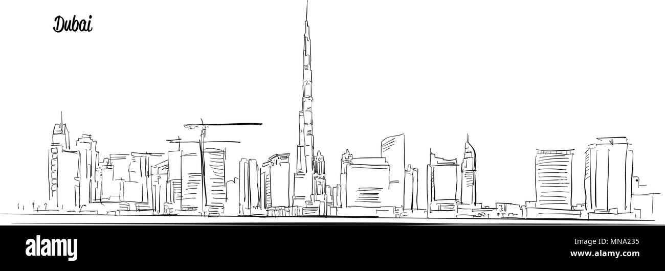 Dubai, Emirati Arabi Uniti. Panorama vettore schizzo di contorno. Disegnate a mano Silhouette. Illustrazione Vettoriale