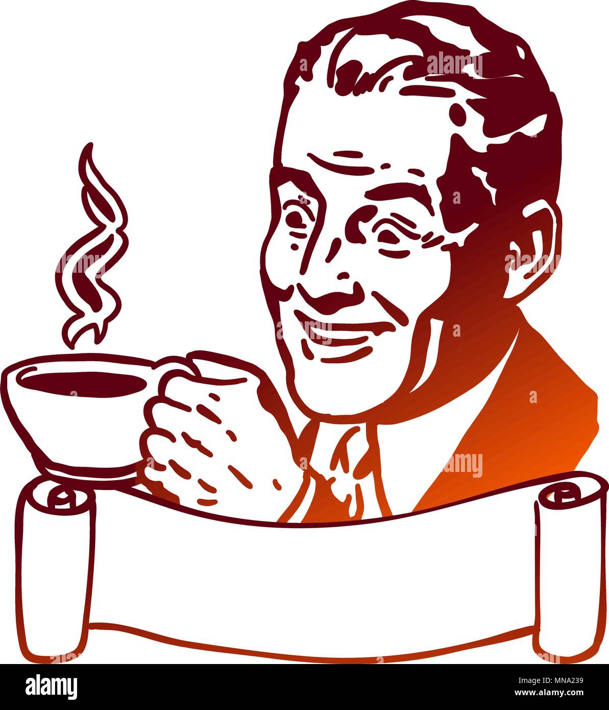 Fumetto uomo presenta tazza di caffè, Vintage illustrazione con banner. Disegnata a mano illustrazioni vettoriali. Illustrazione Vettoriale
