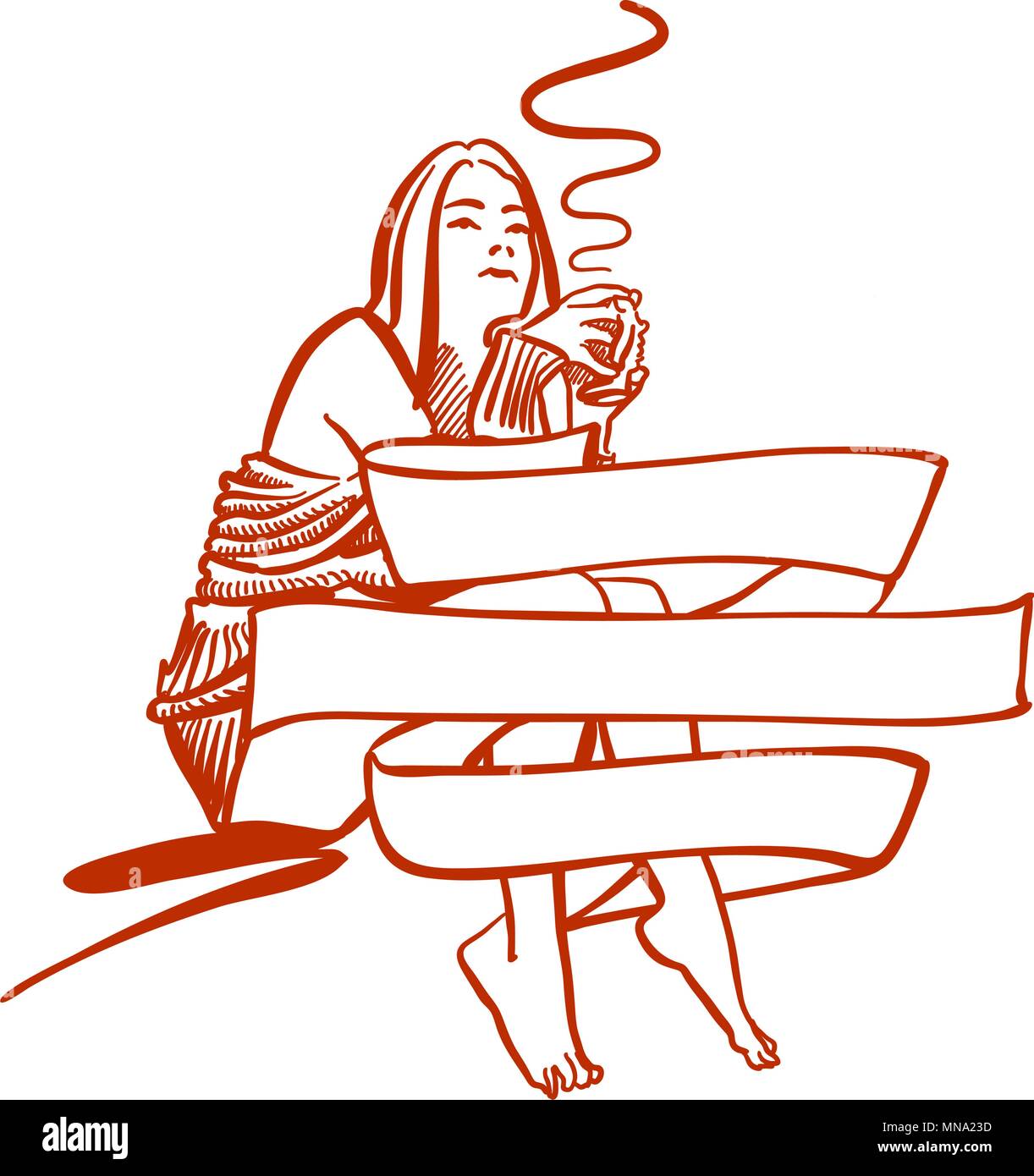 Donna che mantiene tazza di caffè nel retro del banner, sveglia a Scena in Hotel o in camera da letto a casa. Disegnato a mano illustrazioni vettoriali per qualsiasi tipo di pubblicità. Illustrazione Vettoriale