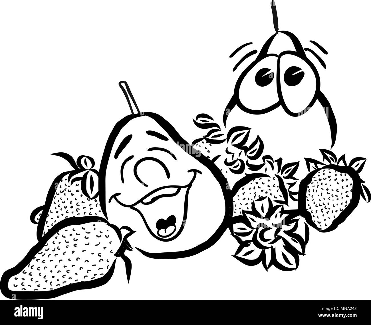 Ridendo di pere e frutti di fragola, disegnati a mano vettore schizzi di contorno. Utile per qualsiasi tipo di pubblicità nella stampa e web. Illustrazione Vettoriale