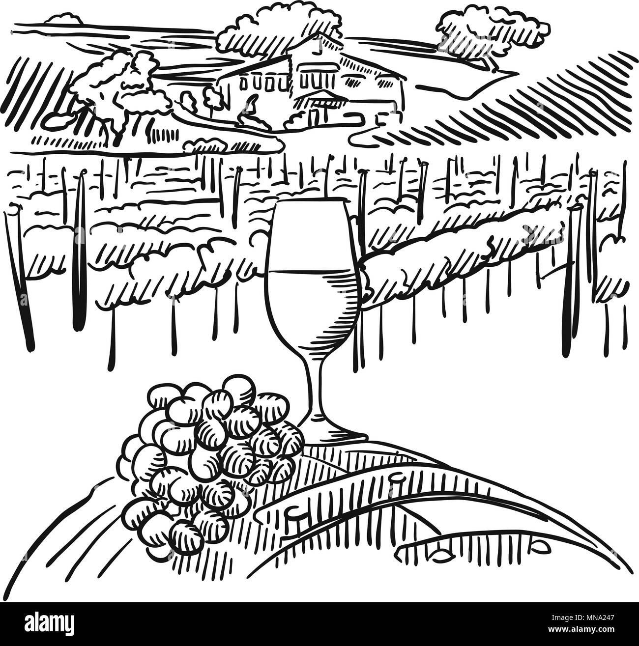 Vigneto con colline e bicchiere di vino in primo piano, vettore contorno abbozzato artwork Illustrazione Vettoriale