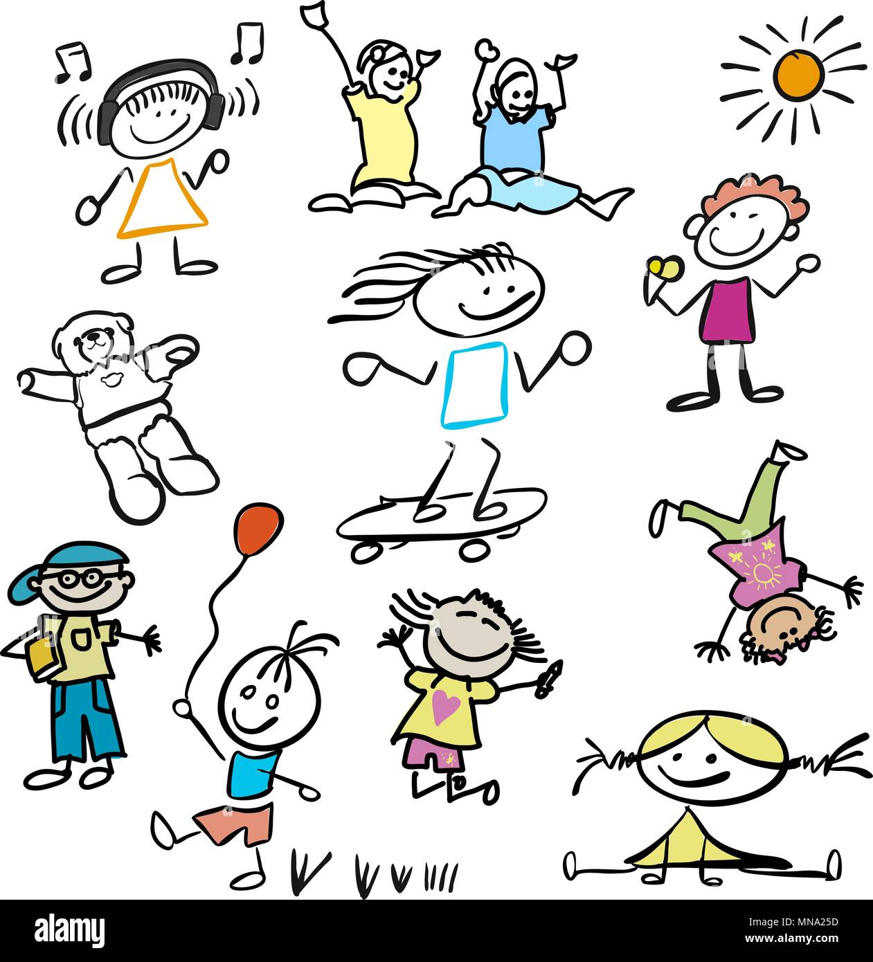Colori vari bambini felici scarabocchi, vettore abbozzato illustrazioni di contorno Illustrazione Vettoriale
