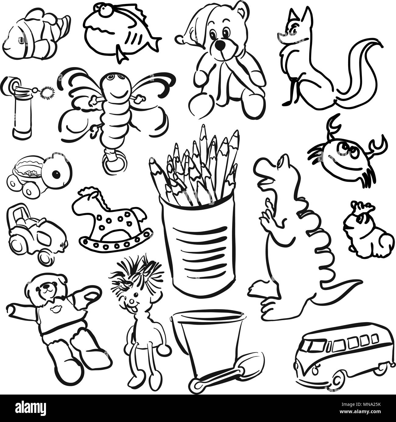 Grande set di abbozzato giocattoli per bambini, vettore delineare Toon Artwork Illustrazione Vettoriale