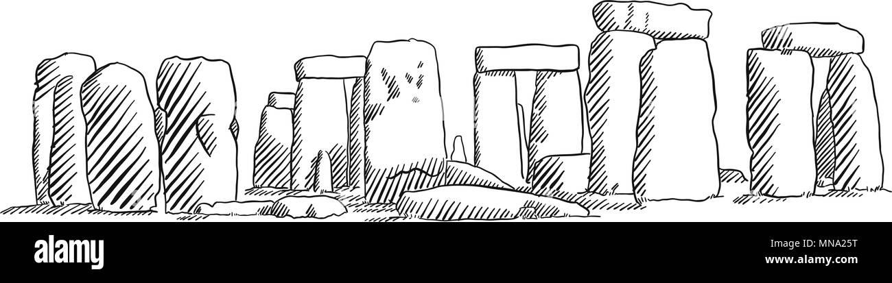 Stonehenge, Inghilterra monumento storico Sketch, famoso punto di riferimento di destinazione, disegnati a mano oggetti grafici vettoriali Illustrazione Vettoriale
