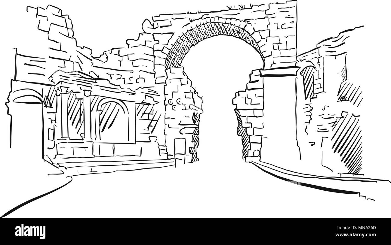 Side Turchia, antico Vespasiano Gate, famoso punto di riferimento di destinazione, disegnati a mano oggetti grafici vettoriali Illustrazione Vettoriale