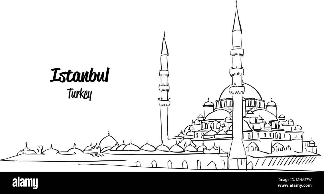 Istanbul Yeni Cami, Nuova Moschea, Sketch disegnati a mano vettore illustrazione di contorno Illustrazione Vettoriale