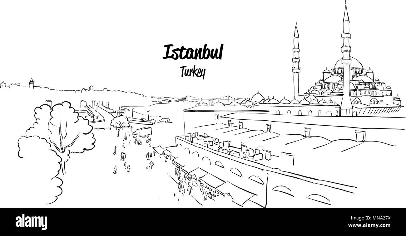 Istanbul mercato storico Skyline Panorama, disegnati a mano vettore illustrazione di contorno Illustrazione Vettoriale