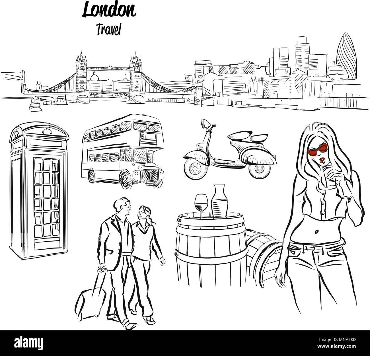 Panorama di Londra e le icone di viaggio schizzi disegnati a mano vettore illustrazione di contorno Illustrazione Vettoriale