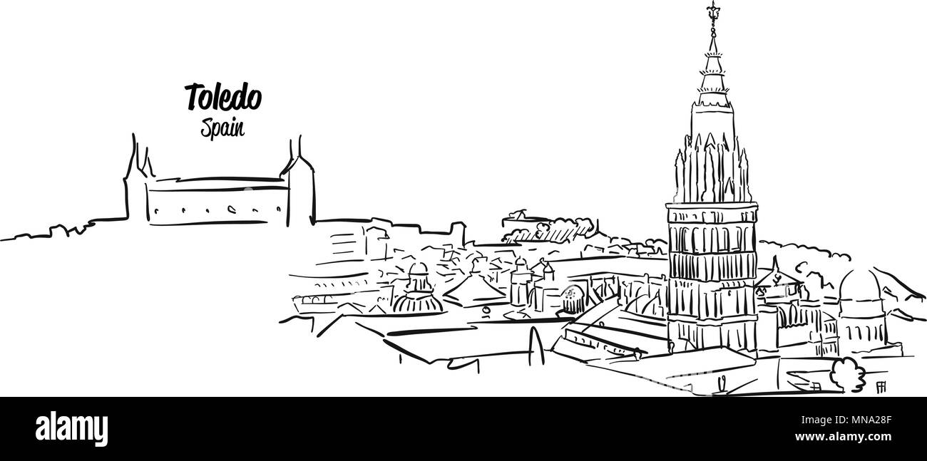 Toledo antica skyline Panorama Sketch, disegnati a mano vettore illustrazione di contorno Illustrazione Vettoriale