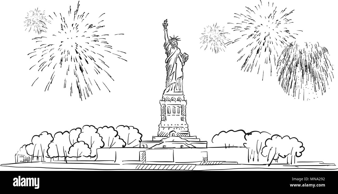 Statua della Libertà con fuochi d'artificio illustrazione, disegnati a mano vettore illustrazione di contorno Illustrazione Vettoriale