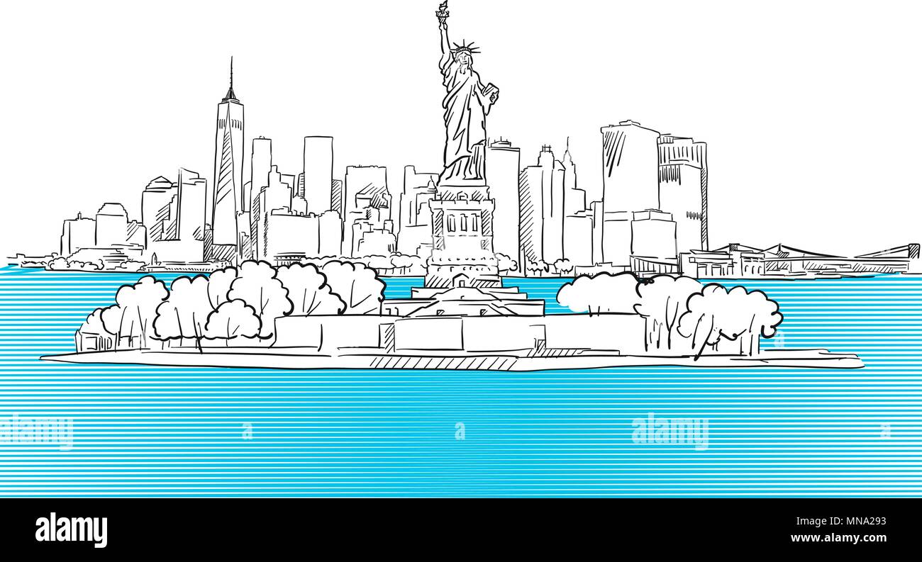 Statua della Libertà con la città di New York skyline Sketch, disegnati a mano vettore illustrazione di contorno Illustrazione Vettoriale