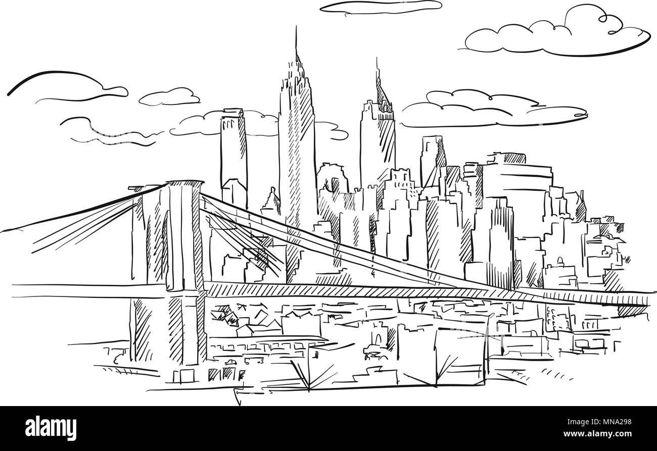 Di Manhattan e Brooklyn Bridge disegno dettagliato, disegnati a mano vettore illustrazione di contorno Illustrazione Vettoriale