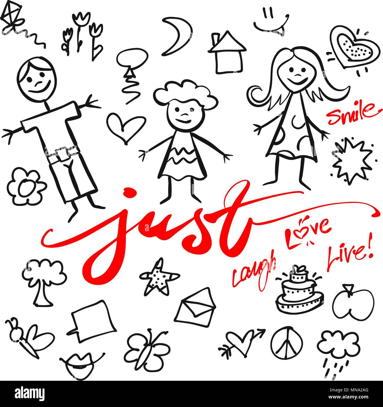 Appena la famiglia Doodle Vector Set, disegnati a mano Calligraphy Greeting Card Concept Illustrazione Vettoriale