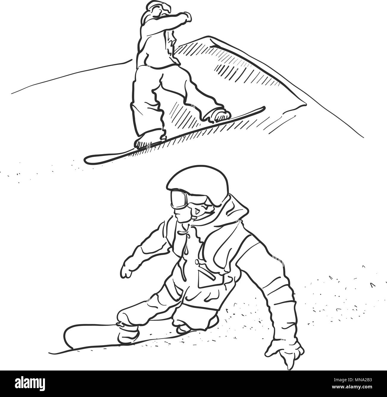 Due Snowboarder lifestyle Scribble schizzi disegnati a mano vettore illustrazione di contorno Illustrazione Vettoriale