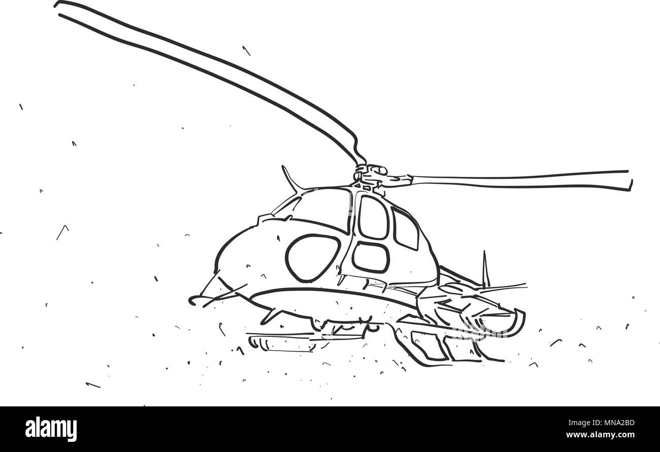 Elicottero in grandangolo schizzo prospettico, disegnati a mano vettore illustrazione di contorno Illustrazione Vettoriale