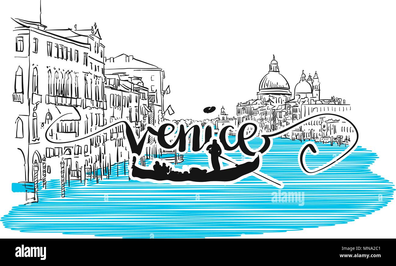 Venezia Grand View Greeting Card Design, disegnati a mano contorno vettoriale Illustrazione illustrazione Illustrazione Vettoriale