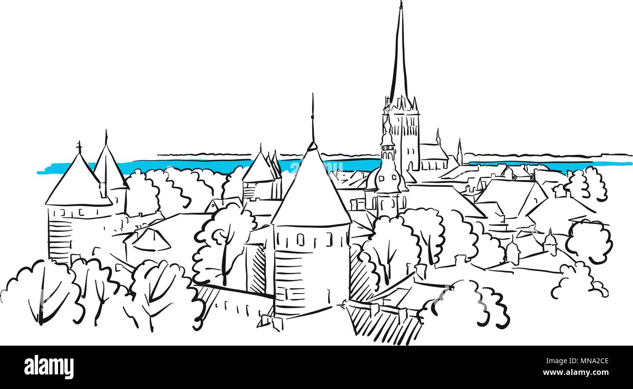 Riga Antica Panorama Greeting Card Sketch, disegnati a mano contorno vettoriale Illustrazione illustrazione Illustrazione Vettoriale