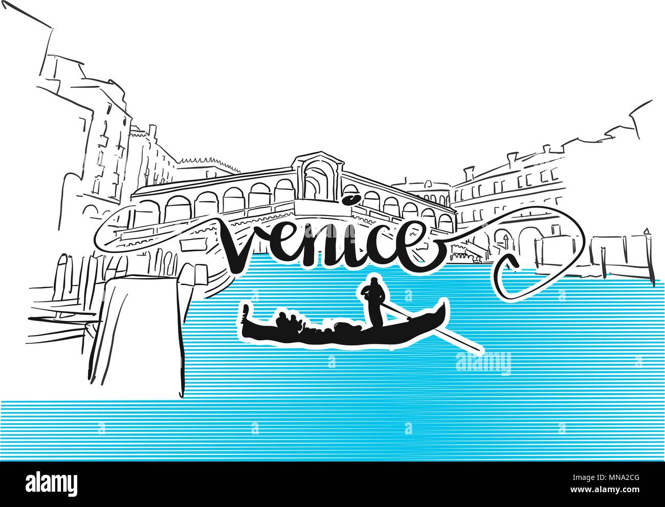 Famosa Venezia Ponte di Rialto Greeting Card Design, disegnati a mano contorno vettoriale Illustrazione illustrazione Illustrazione Vettoriale