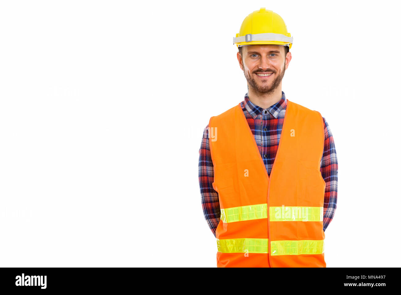 Bel giovane uomo barbuto operaio edile Foto Stock