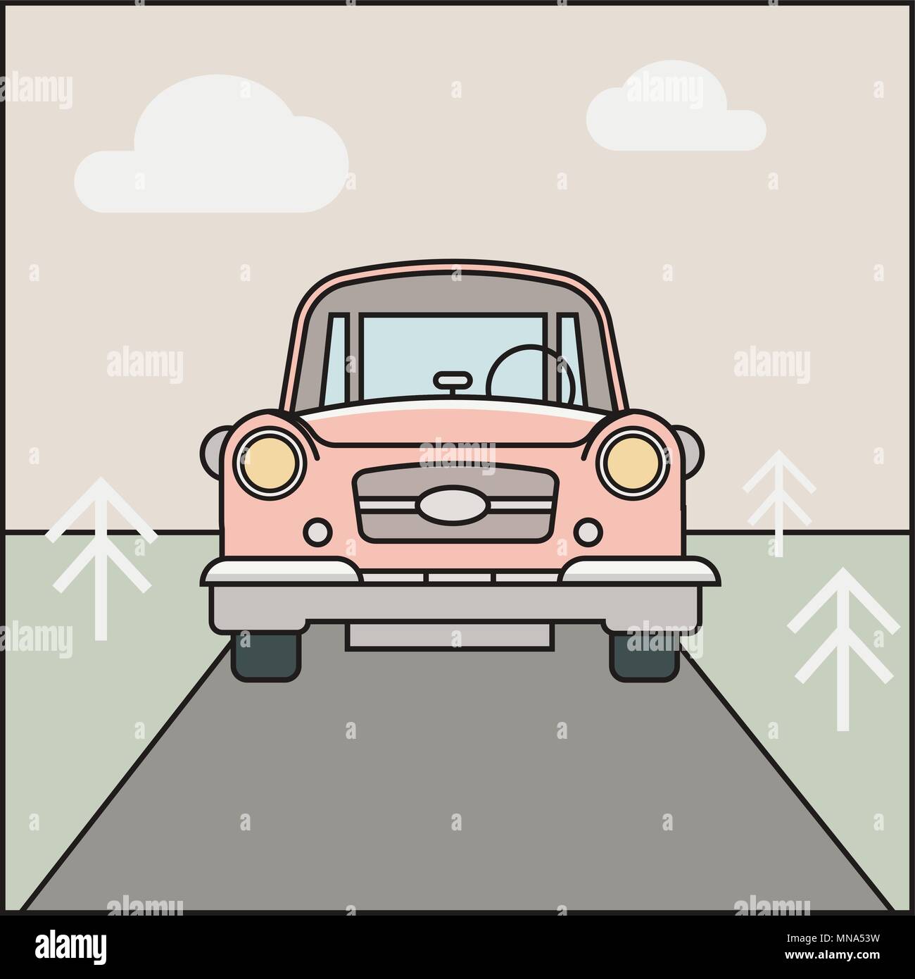 Auto, strada illustrazione. Cartone animato paesaggio forestale eps vettoriali 10 Illustrazione Vettoriale