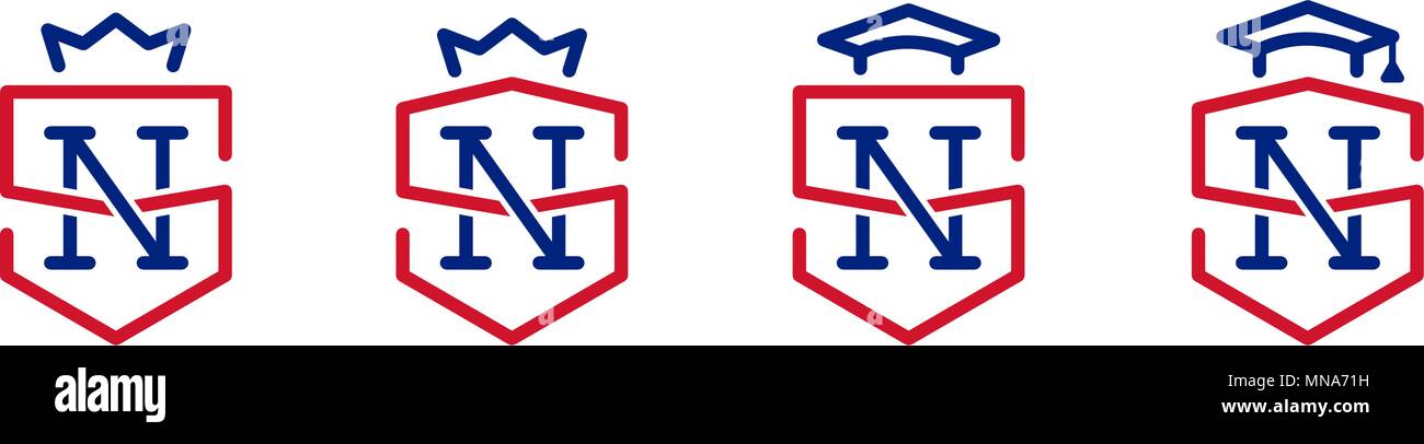 Monogramma S N. company registrazione, del marchio emblema. Scudo, crown, academic cap. Royal simboli. Per le imprese nel sistema di istruzione Illustrazione Vettoriale