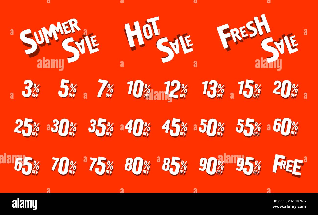 La Vendita calda, freschi vendita, vendita d'estate. Iscrizione sul poster, sfondo rosso. 3,5,7, 15, 25, 50 percento Illustrazione Vettoriale