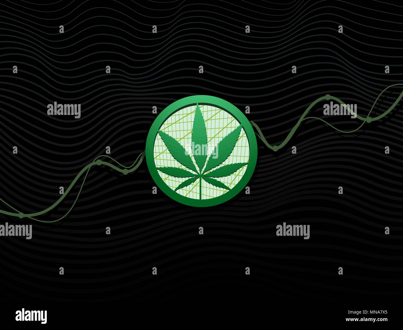 Cannabis leaf in cerchio con rising graph.Sfondo nero Illustrazione Vettoriale