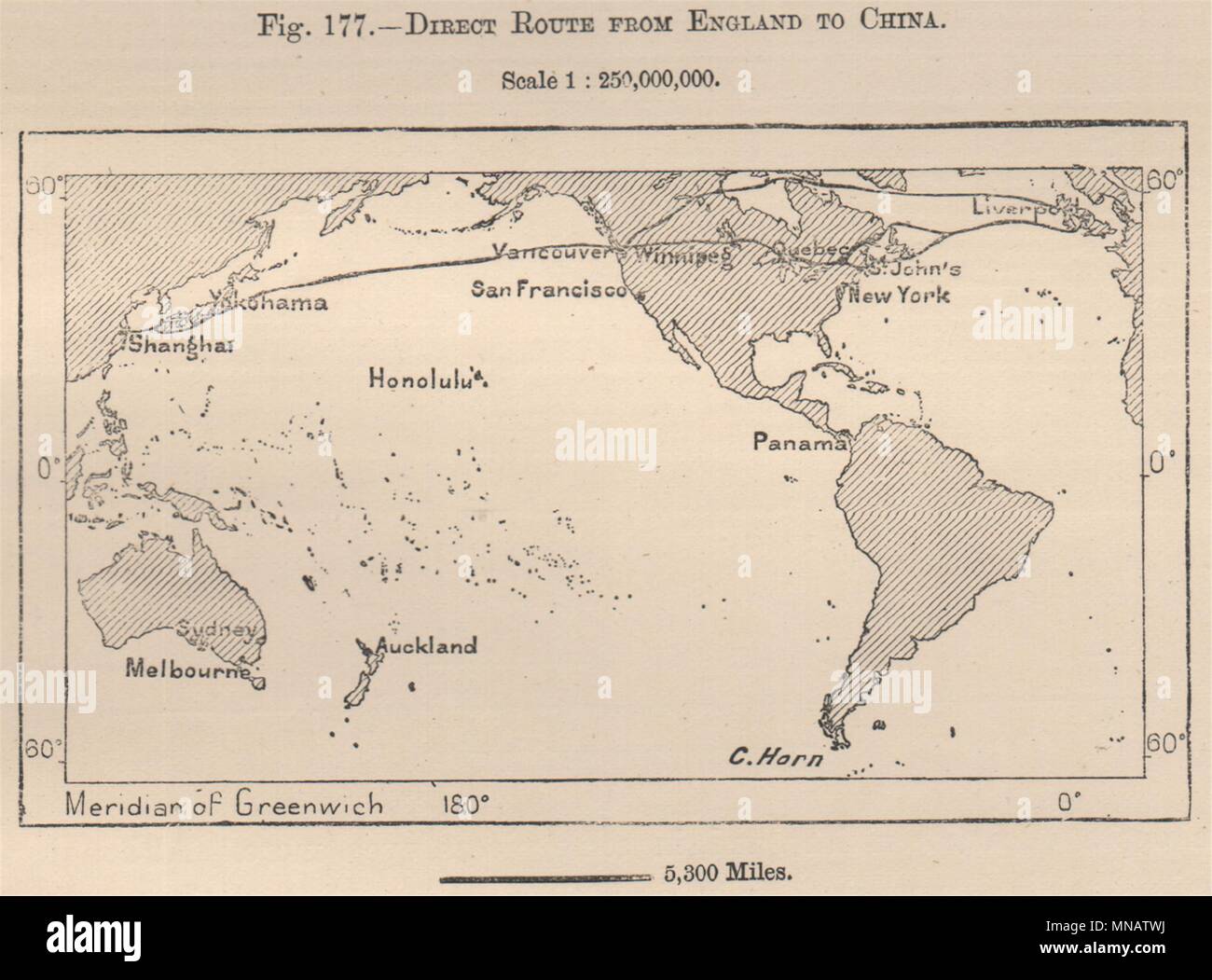 Percorso diretto dall Inghilterra alla Cina. Mondo. Canada 1885 antica mappa grafico Foto Stock