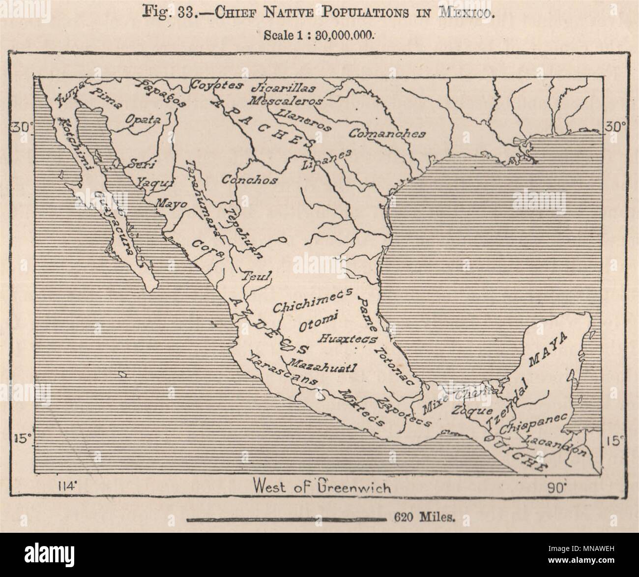 Il capo di popolazioni indigene del Messico 1885 antica vintage map piano grafico Foto Stock