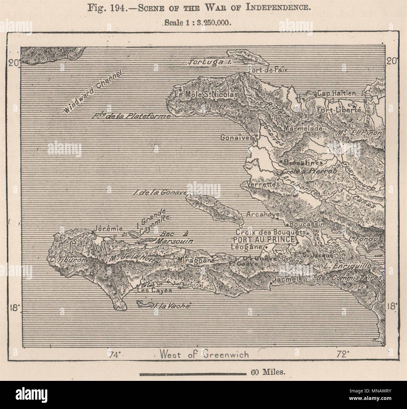 Scena della guerra di indipendenza. Haiti. Hispaniola 1885 antica mappa grafico Foto Stock