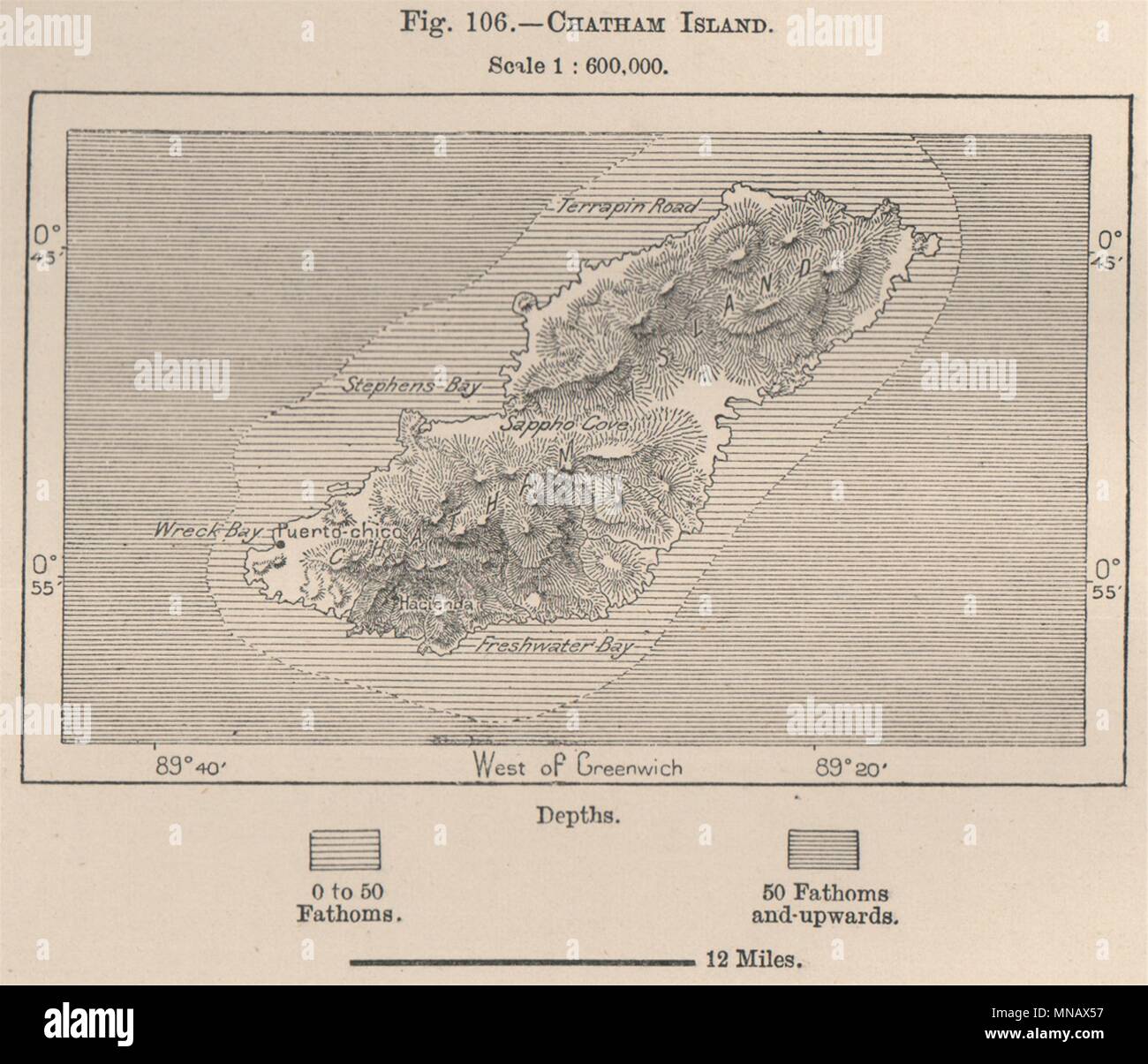 Chatham (San Cristóbal) Isola. Ecuador. Le isole Galapagos 1885 mappa vecchia Foto Stock