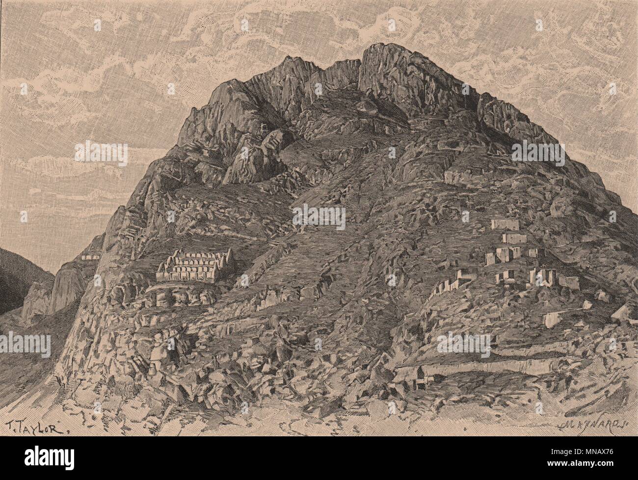 Edifici Inca. Cerro de las Carceles ad Ollantaytambo. Il Perù 1885 antica stampa Foto Stock