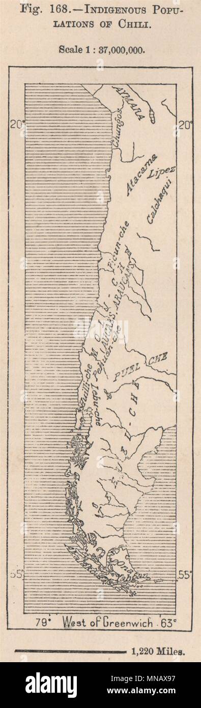 Popolazioni indigene del Cile. Il Cile 1885 antica vintage map piano grafico Foto Stock