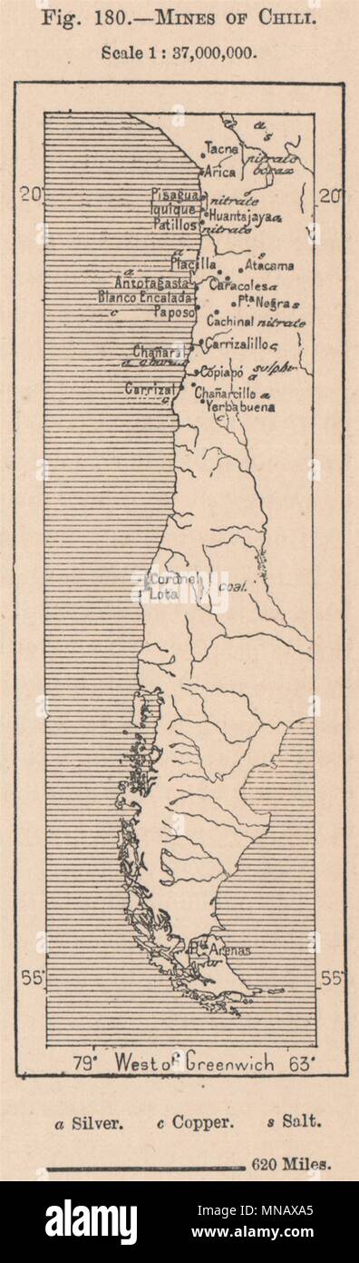 Miniere del Cile. Il Cile 1885 antica vintage map piano grafico Foto Stock