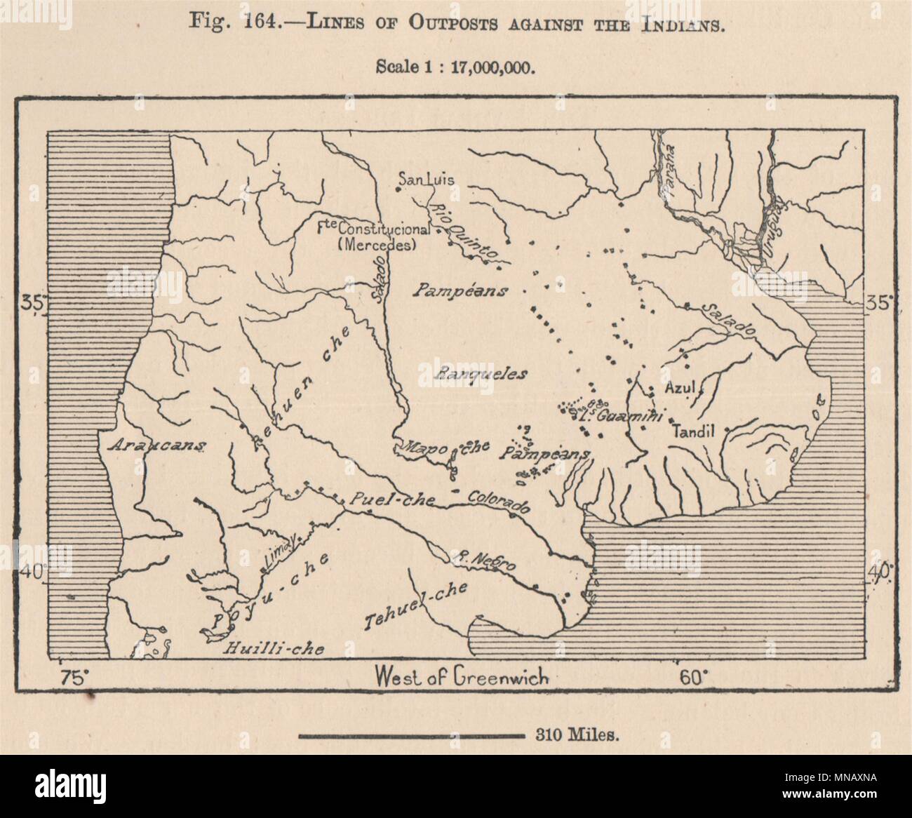 Linee di avamposti contro gli Indiani. Argentina 1885 antica mappa grafico Foto Stock