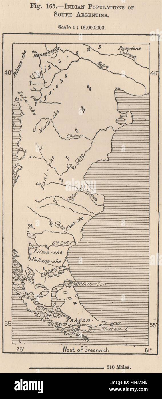 Popolazioni indiane del sud Argentina 1885 antica vintage map piano grafico Foto Stock